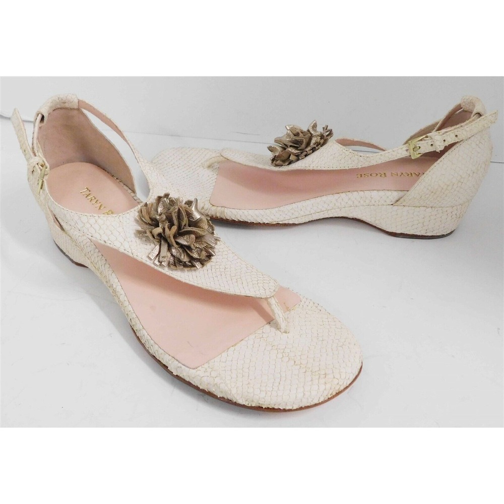 New Taryn Rose Kandi Ivory Snake Rose GoldLEather Flower Flat Sandals 7.5 M